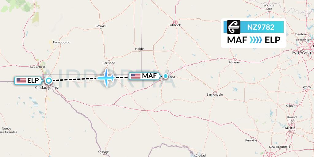 NZ9782 Air New Zealand Flight Map: Midland to El Paso
