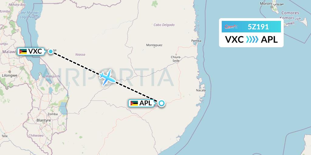 5Z191 CemAir Flight Map: Lichinga to Nampula