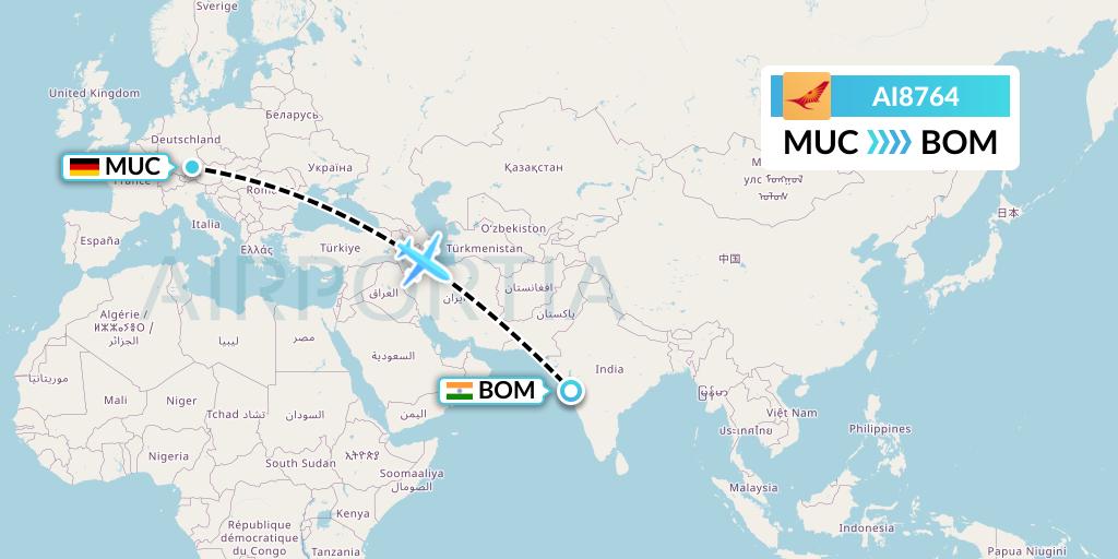 AI8764 Air India Flight Map: Munich to Mumbai