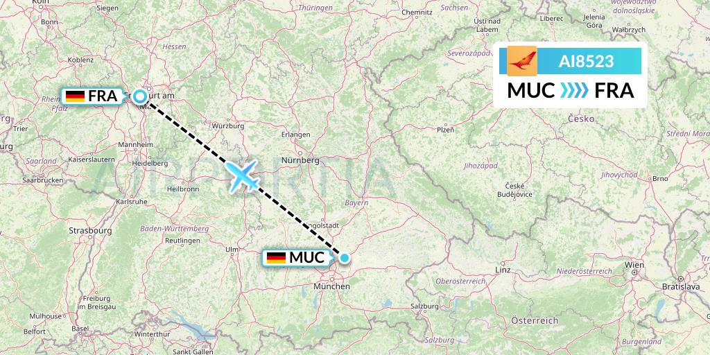 AI8523 Air India Flight Map: Munich to Frankfurt