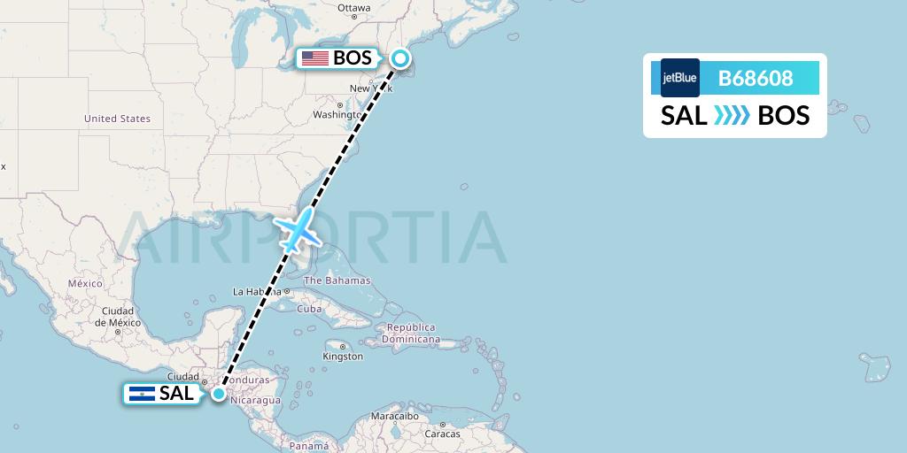 B68608 JetBlue Airways Flight Map: San Salvador to Boston