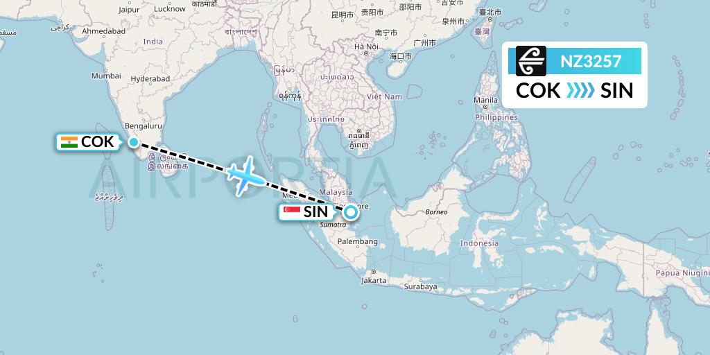 NZ3257 Air New Zealand Flight Map: Cochin to Singapore
