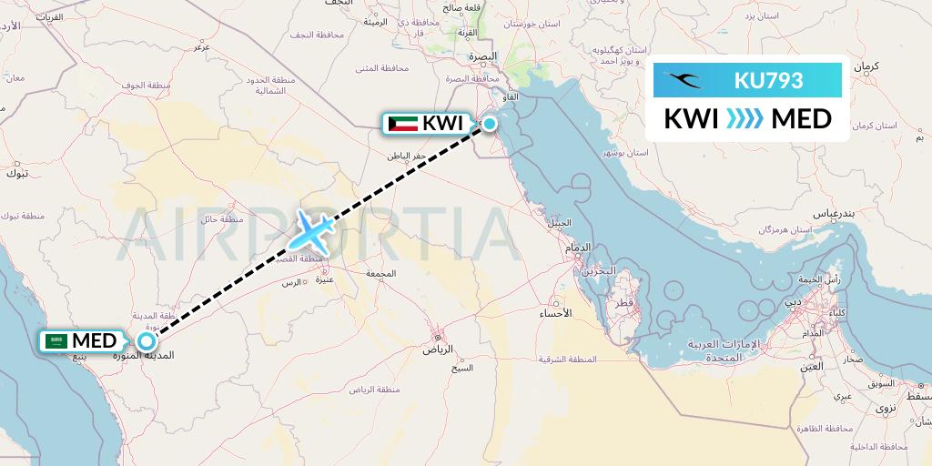 KU793 Kuwait Airways Flight Map: Kuwait City to Medina