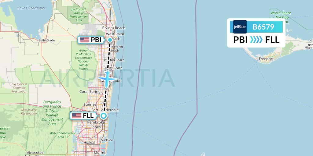 B6579 JetBlue Airways Flight Map: West Palm Beach to Fort Lauderdale