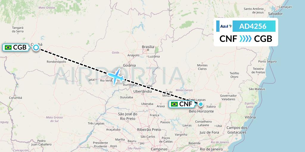 AD4256 Azul Brazilian Airlines Flight Map: Belo Horizonte to Cuiaba