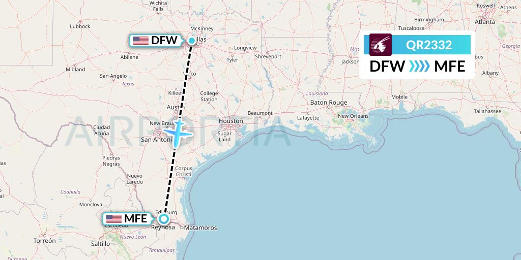 QR2332 Qatar Airways Flight Map: Dallas to McAllen
