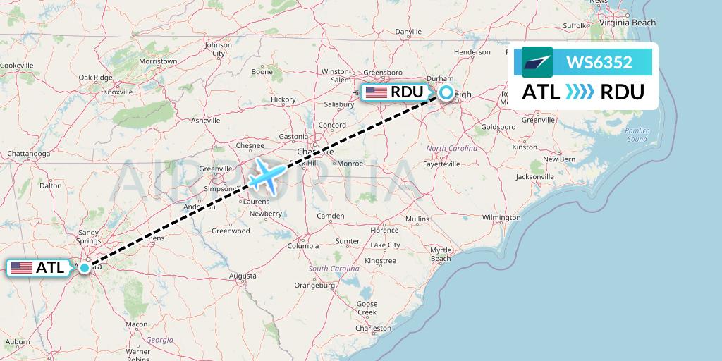 WS6352 WestJet Flight Map: Atlanta to Raleigh-Durham