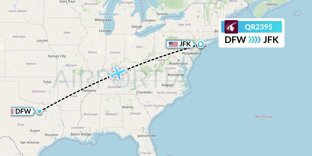 QR2395 Qatar Airways Flight Map: Dallas to New York