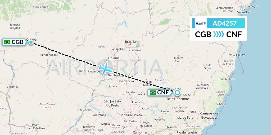 AD4257 Azul Brazilian Airlines Flight Map: Cuiaba to Belo Horizonte