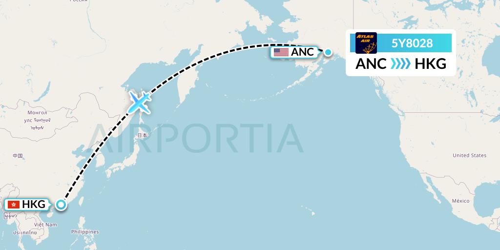 5Y8028 Atlas Air Flight Map: Anchorage to Hong Kong