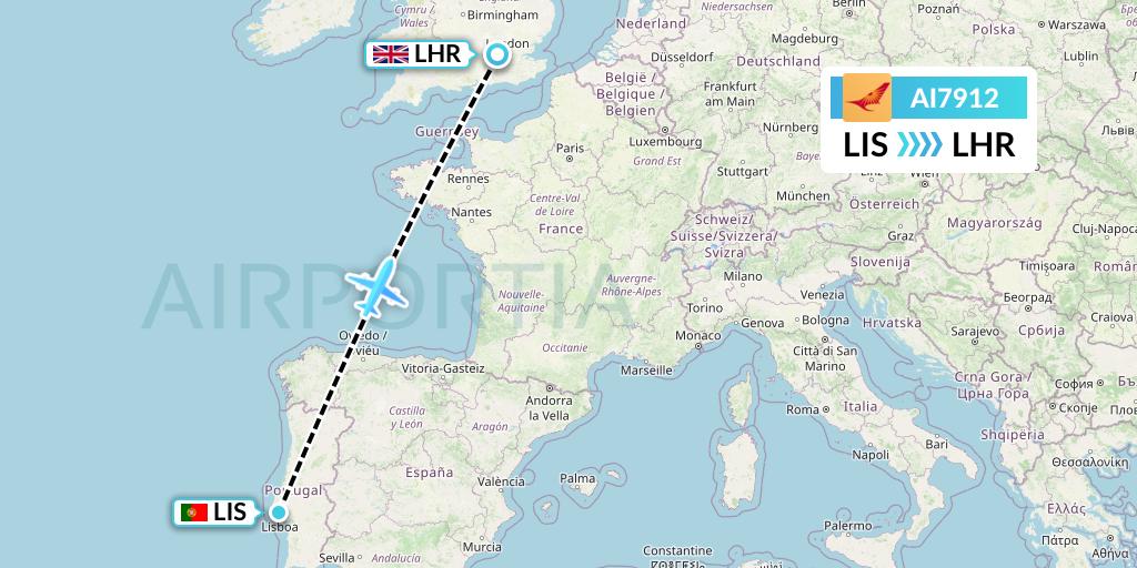 AI7912 Air India Flight Map: Lisbon to London