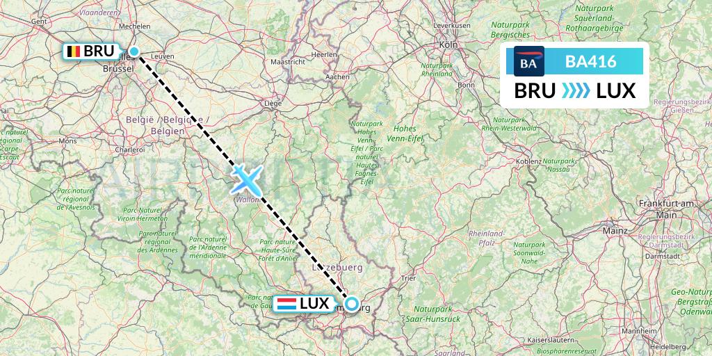 BA416 British Airways Flight Map: Brussels to Luxembourg