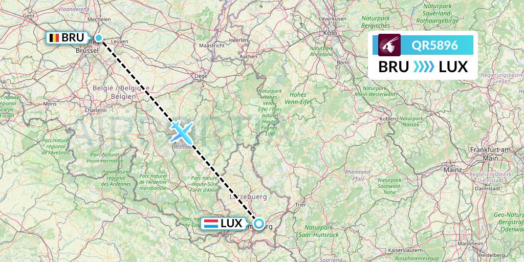 QR5896 Qatar Airways Flight Map: Brussels to Luxembourg