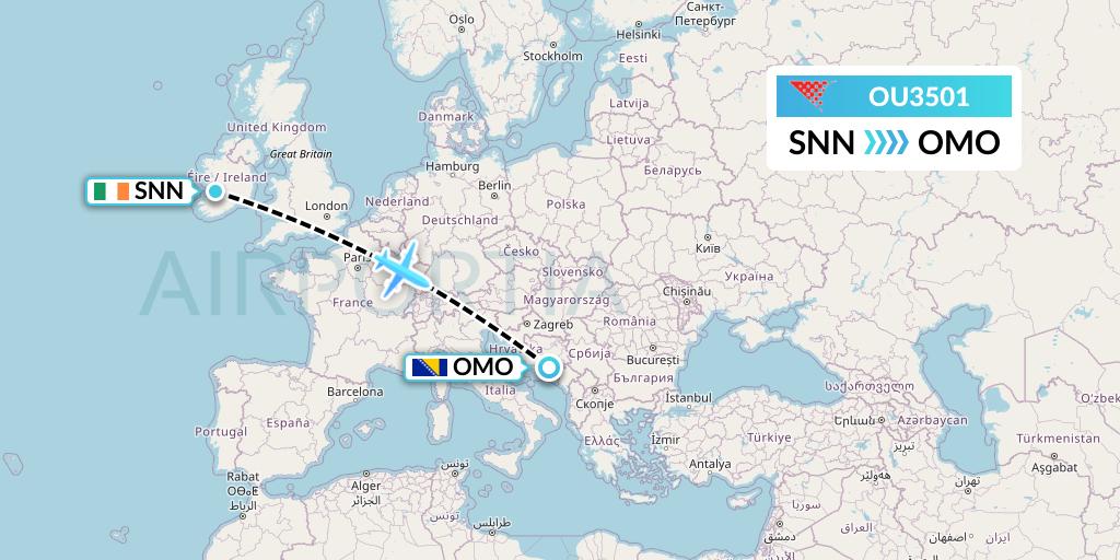 OU3501 Croatia Airlines Flight Map: Shannon to Mostar