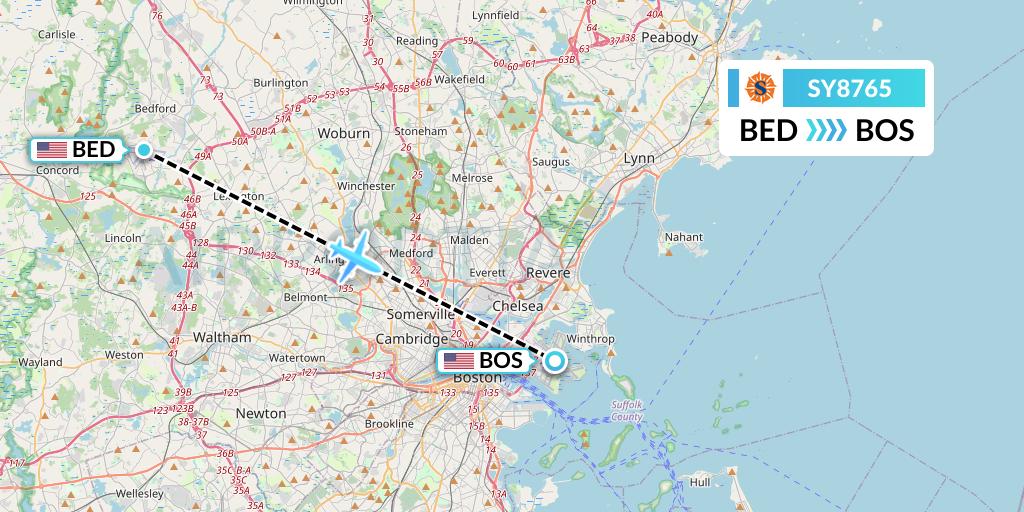 SY8765 Sun Country Airlines Flight Map: Bedford to Boston