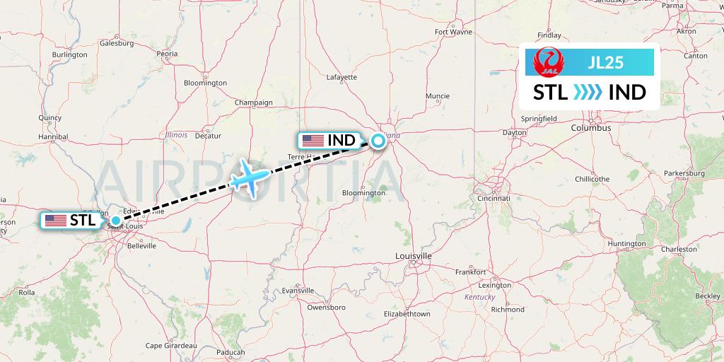 JL25 Japan Airlines Flight Map: St. Louis to Indianapolis
