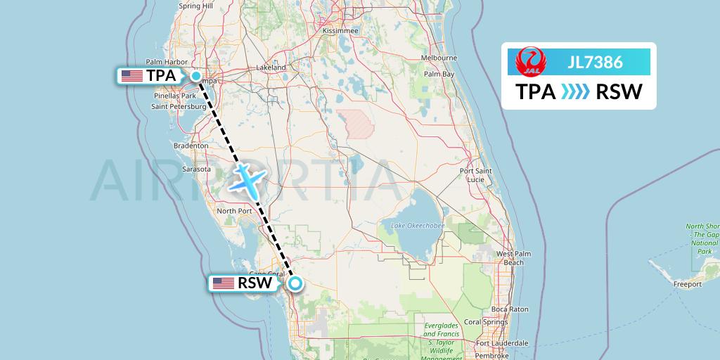 JL7386 Japan Airlines Flight Map: Tampa to Fort Myers