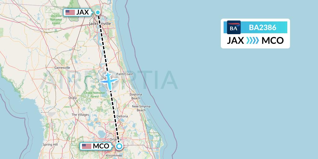 BA2386 British Airways Flight Map: Jacksonville to Orlando