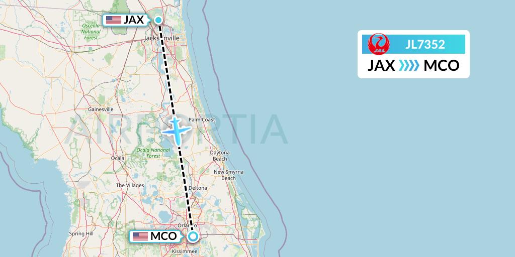 JL7352 Japan Airlines Flight Map: Jacksonville to Orlando