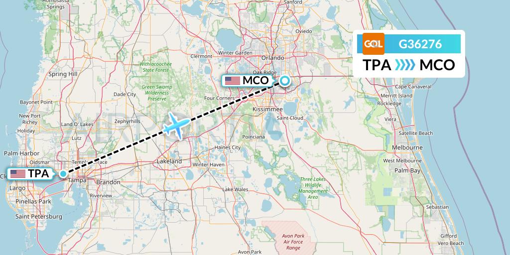 G36276 GOL Transportes Aeros Flight Map: Tampa to Orlando