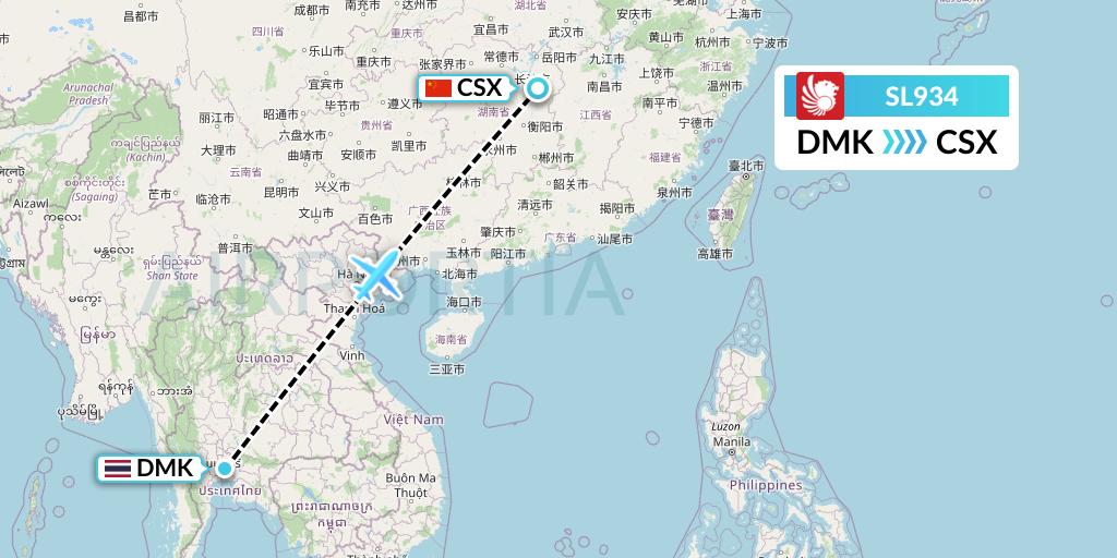 SL934 Thai Lion Air Flight Map: Bangkok to Changsha