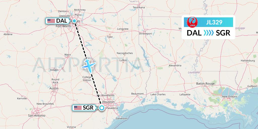 JL329 Japan Airlines Flight Map: Dallas to Sugar Land