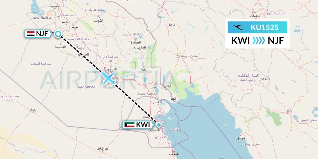 KU1525 Kuwait Airways Flight Map: Kuwait City to Najaf