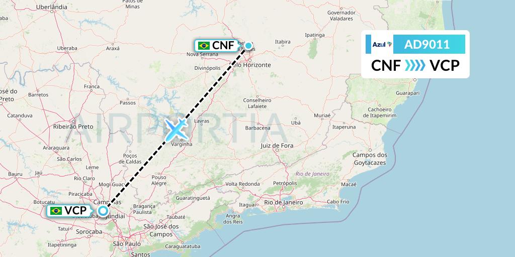AD9011 Azul Brazilian Airlines Flight Map: Belo Horizonte to Campinas