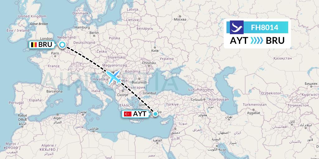 FH8014 Freebird Airlines Flight Map: Antalya to Brussels