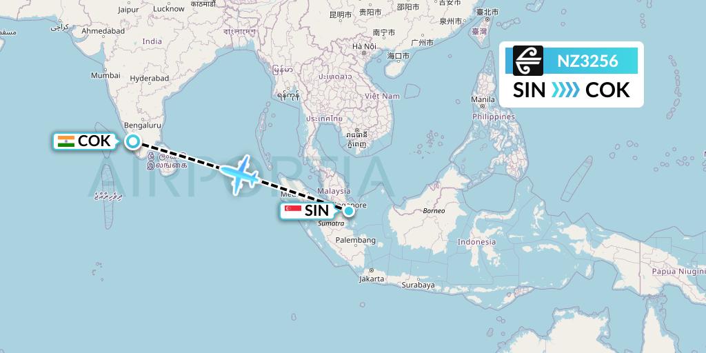 NZ3256 Air New Zealand Flight Map: Singapore to Cochin