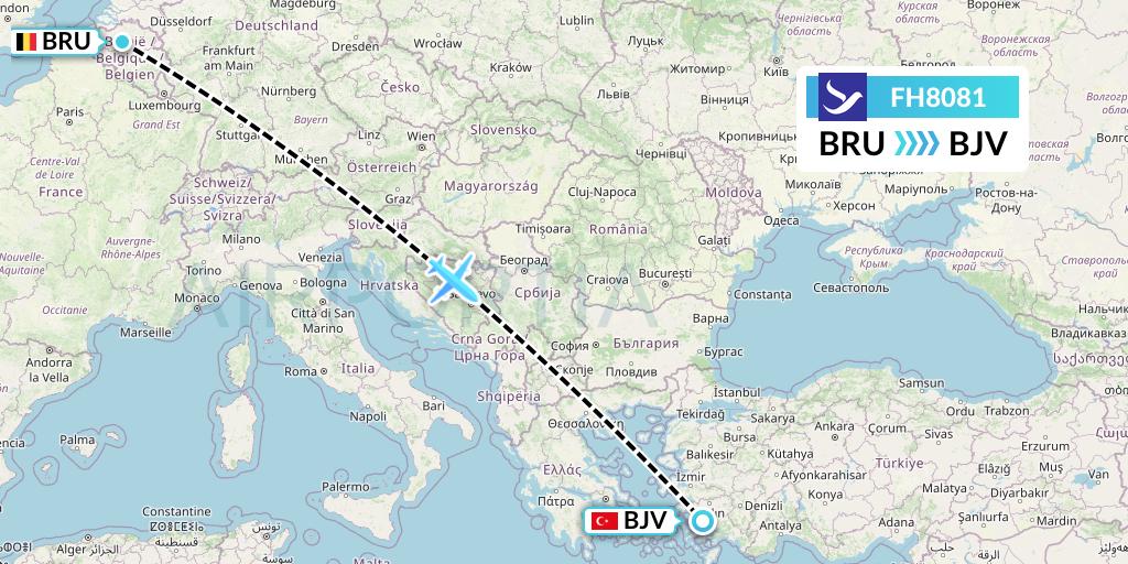 FH8081 Freebird Airlines Flight Map: Brussels to Bodrum
