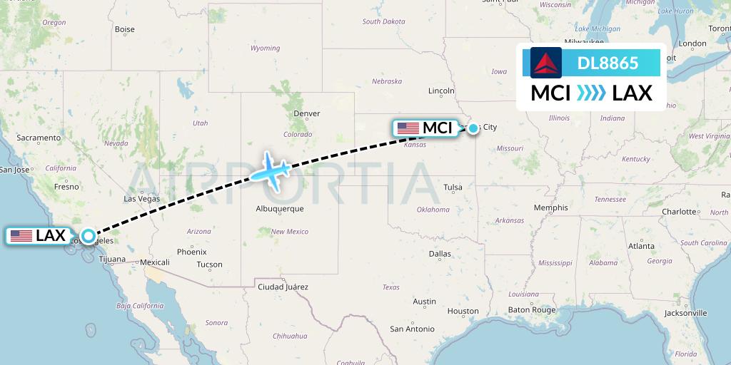 DL8865 Delta Air Lines Flight Map: Kansas City to Los Angeles