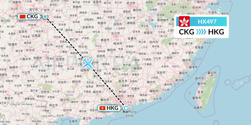 HX497 Hong Kong Airlines Flight Map: Chongqing to Hong Kong