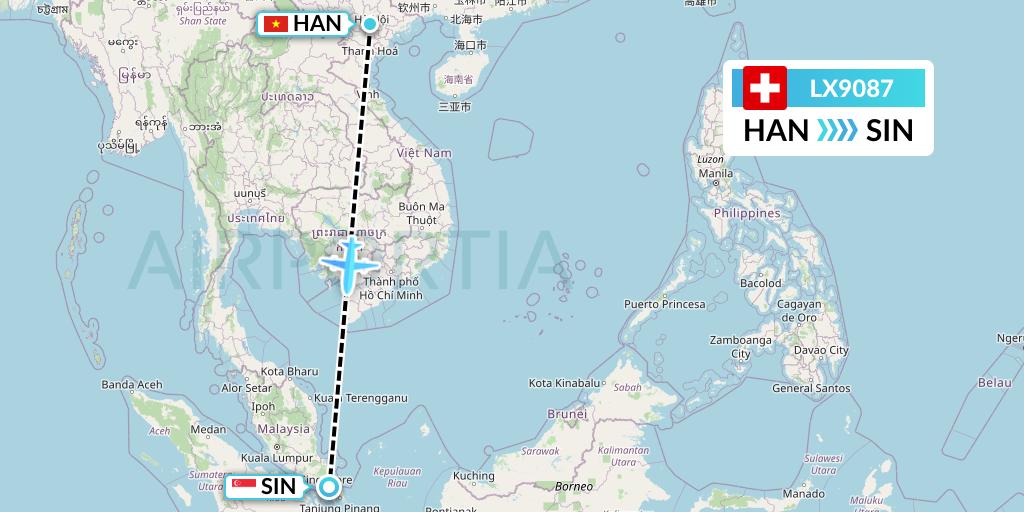 LX9087 Swiss Flight Map: Hanoi to Singapore