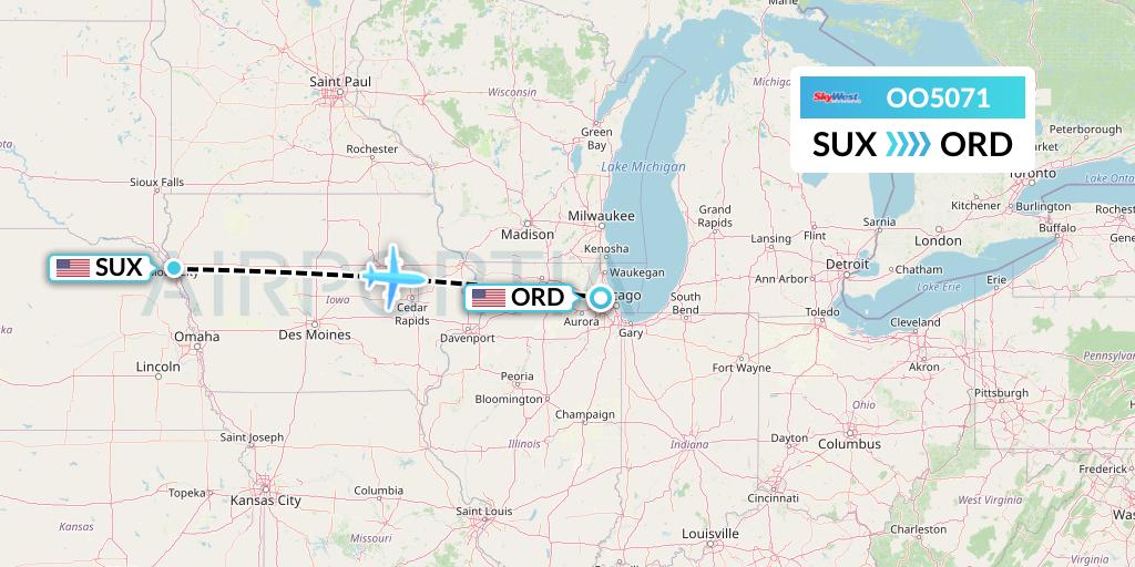 OO5071 SkyWest Airlines Flight Map: Sioux City to Chicago