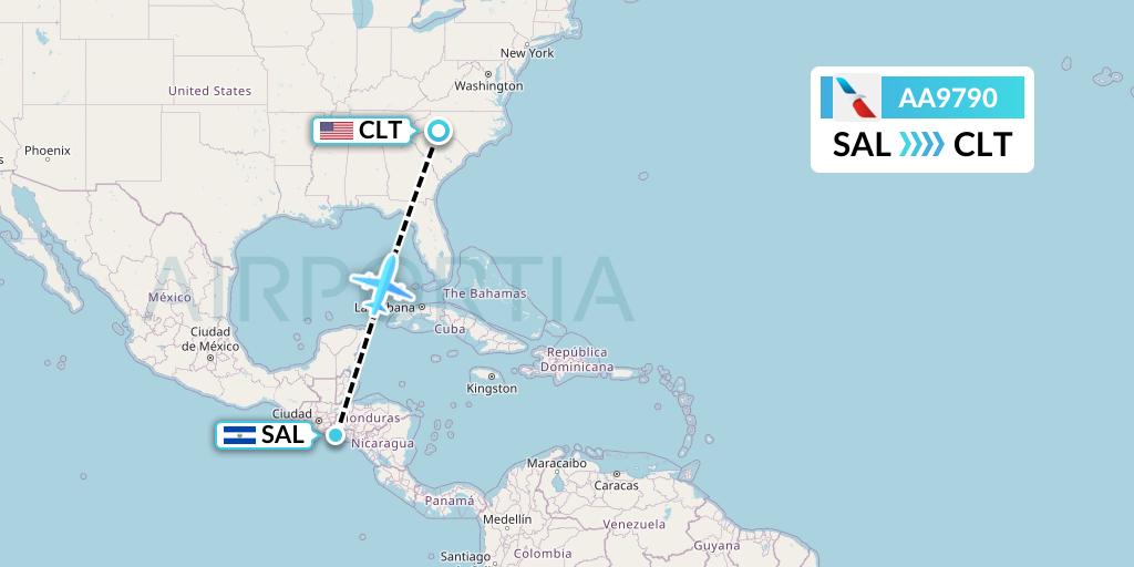 AA9790 American Airlines Flight Map: San Salvador to Charlotte