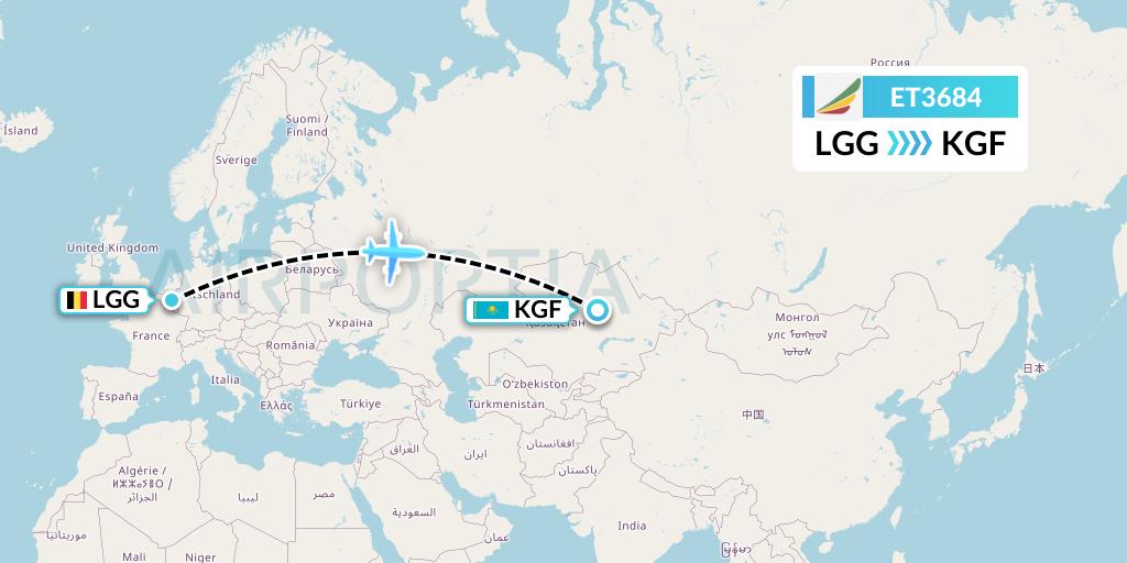 ET3684 Ethiopian Airlines Flight Map: Liege to Karaganda