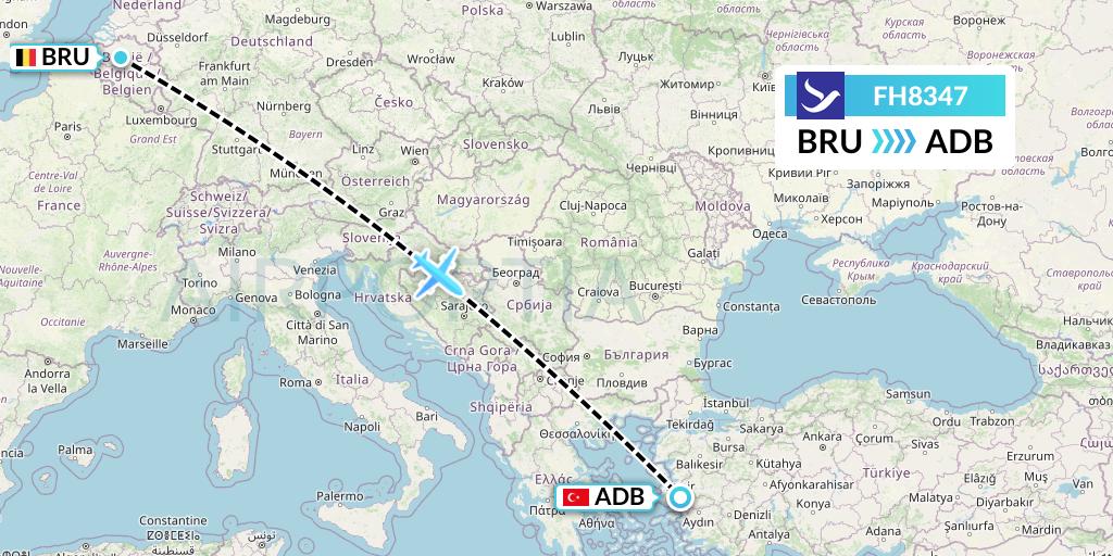 FH8347 Freebird Airlines Flight Map: Brussels to Izmir