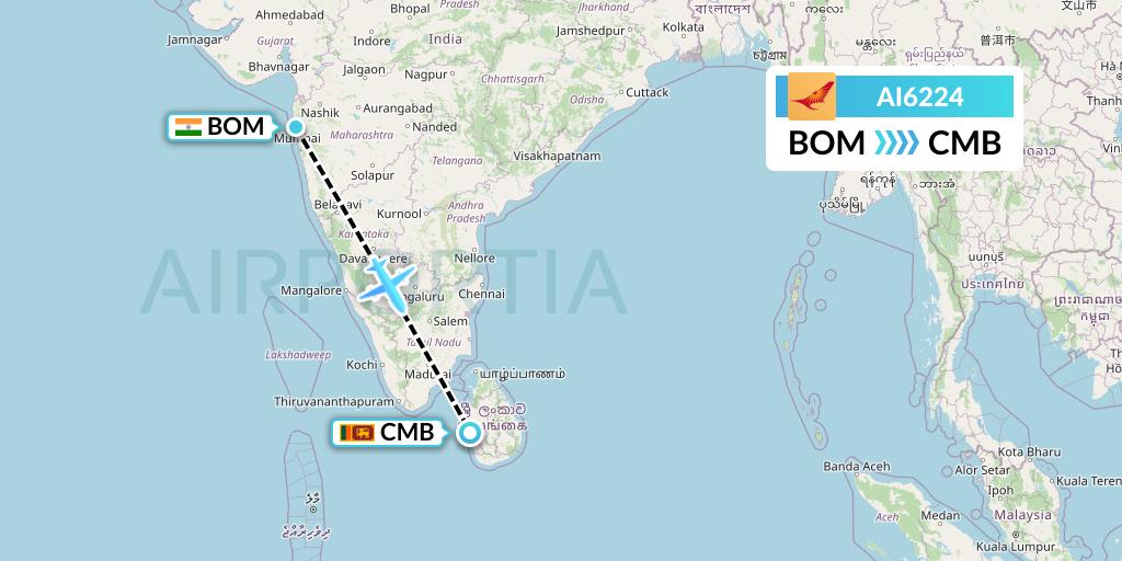 AI6224 Air India Flight Map: Mumbai to Colombo