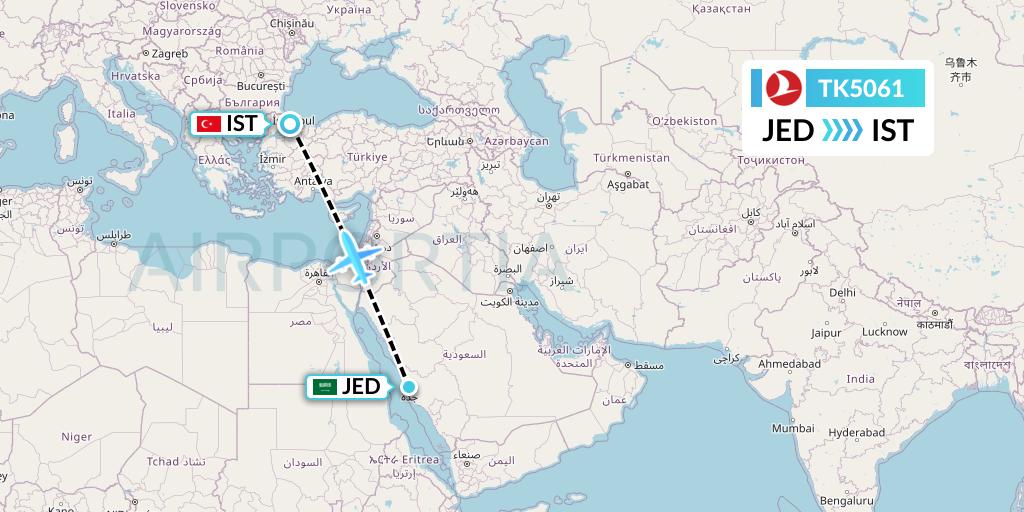 TK5061 Turkish Airlines Flight Map: Jeddah to Istanbul