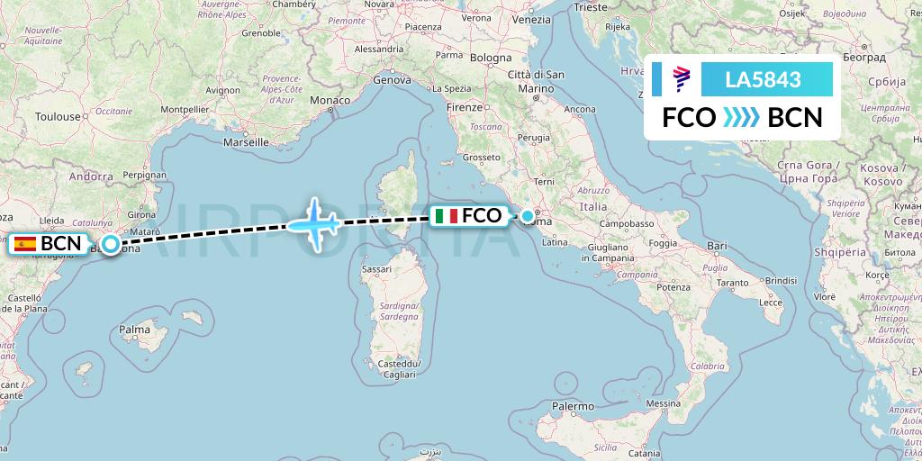 LA5843 LAN Airlines Flight Map: Rome to Barcelona