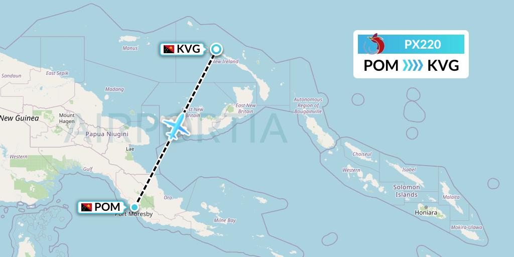 PX220 Air Niugini Flight Map: Port Moresby to Kavieng