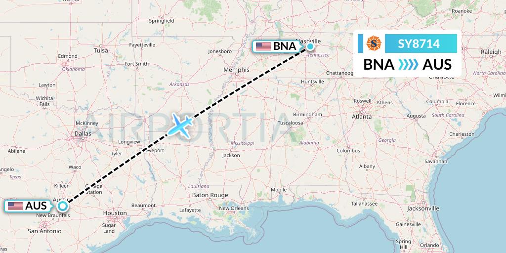 SY8714 Sun Country Airlines Flight Map: Nashville to Austin