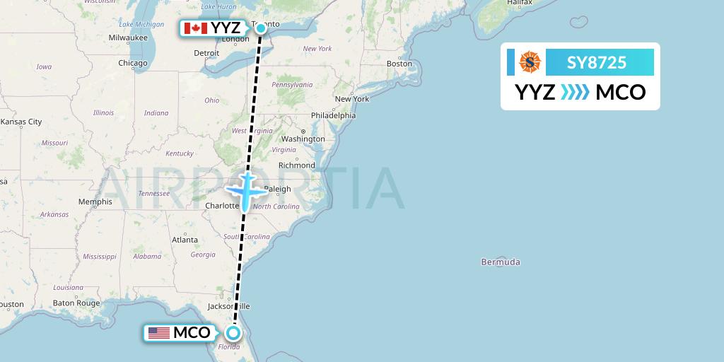 SY8725 Sun Country Airlines Flight Map: Toronto to Orlando