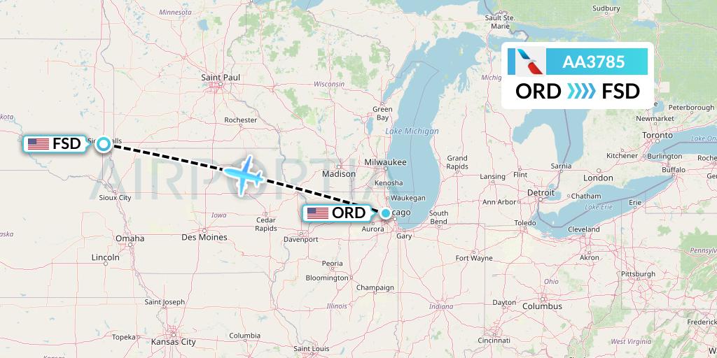 AA3785 American Airlines Flight Map: Chicago to Sioux Falls