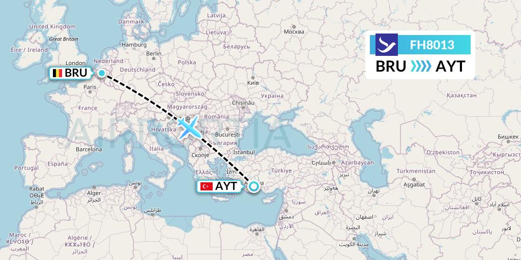 FH8013 Freebird Airlines Flight Map: Brussels to Antalya
