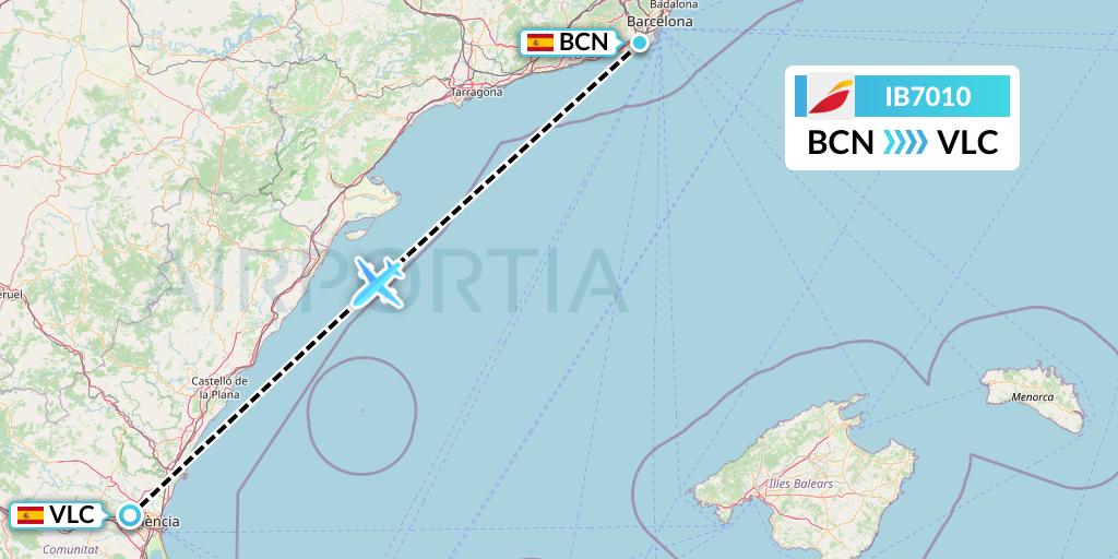 IB7010 Iberia Flight Map: Barcelona to Valencia