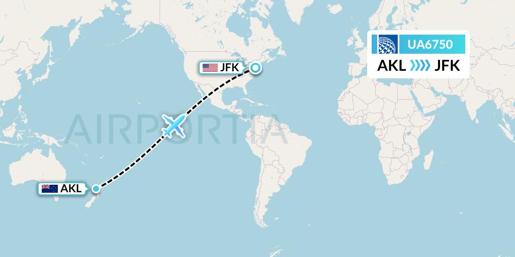 UA6750 United Airlines Flight Map: Auckland to New York