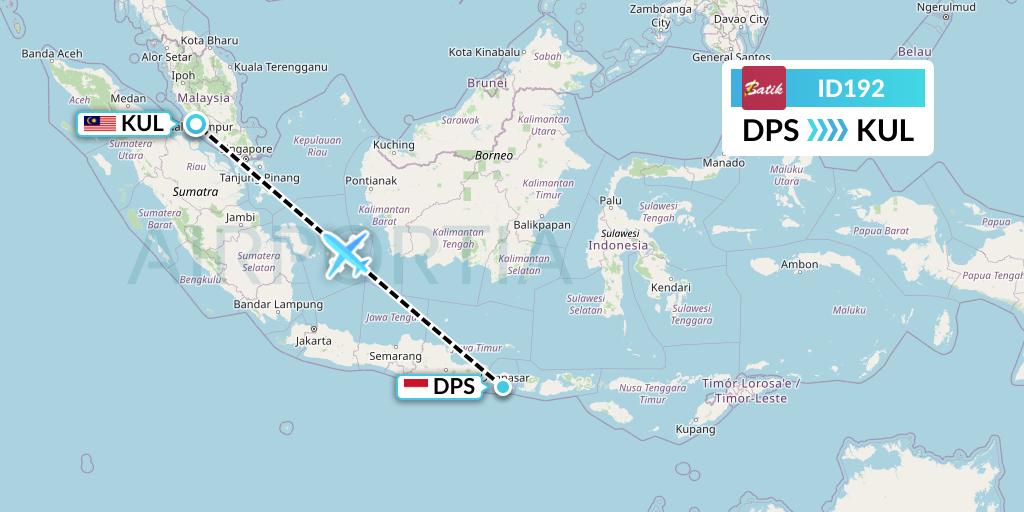 ID192 Batik Air Flight Map: Denpasar to Kuala Lumpur