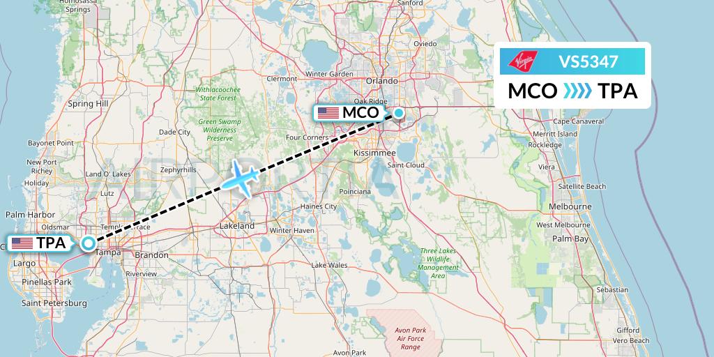 VS5347 Virgin Atlantic Airways Flight Map: Orlando to Tampa